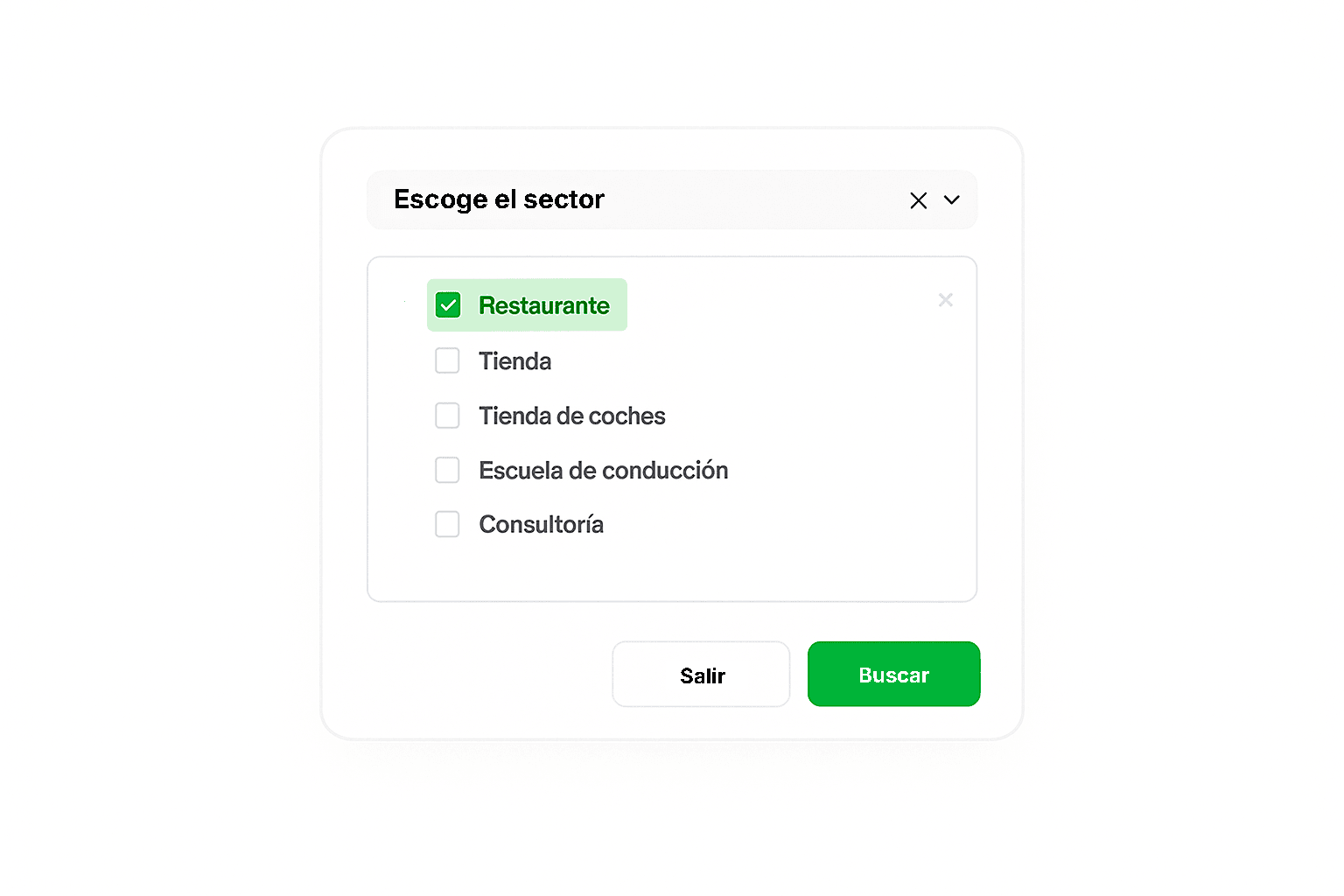 Selección de sector dashboard interface